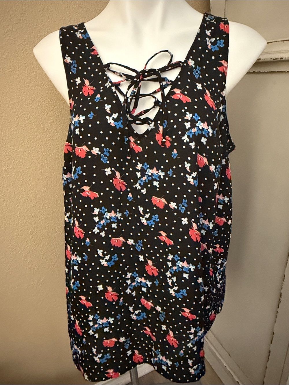 torrid Black Lace-Up V-Neck Tank with Pink & Blue Floral Print